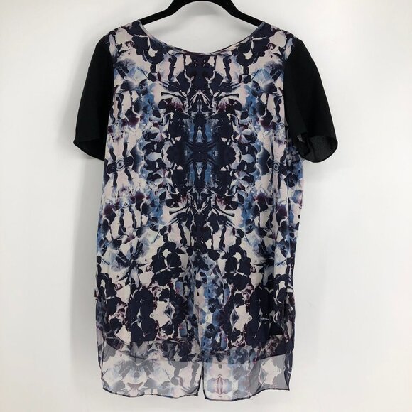 Rebecca Taylor  Blue black Abstract Printed Short Sleeve Silk Blouse Size 8 - Picture 14 of 16